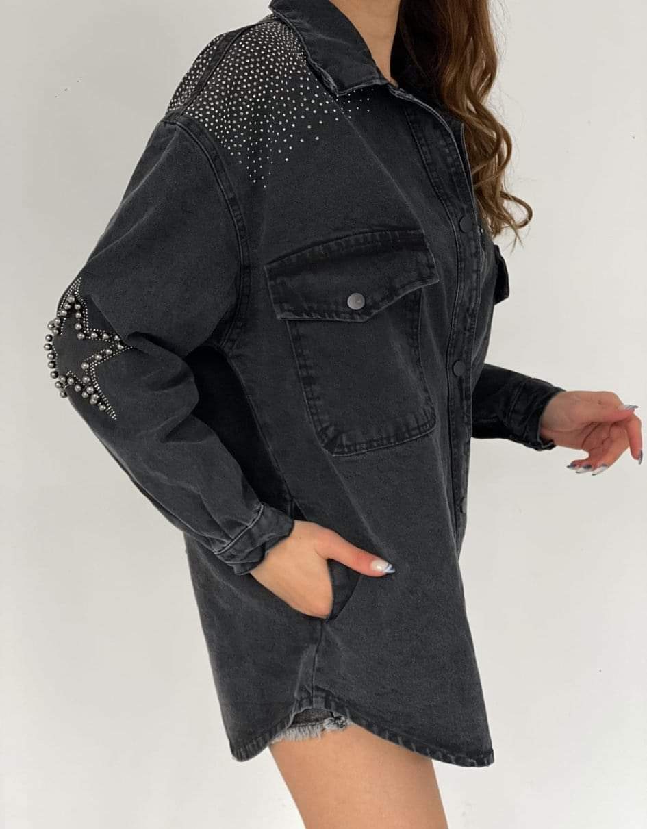 Black Denim Oversized Star Shirt Jacket