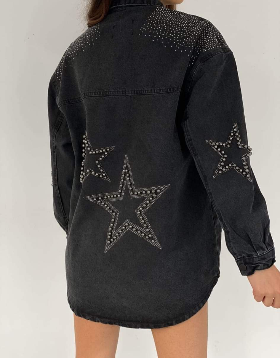 Black Denim Oversized Star Shirt Jacket