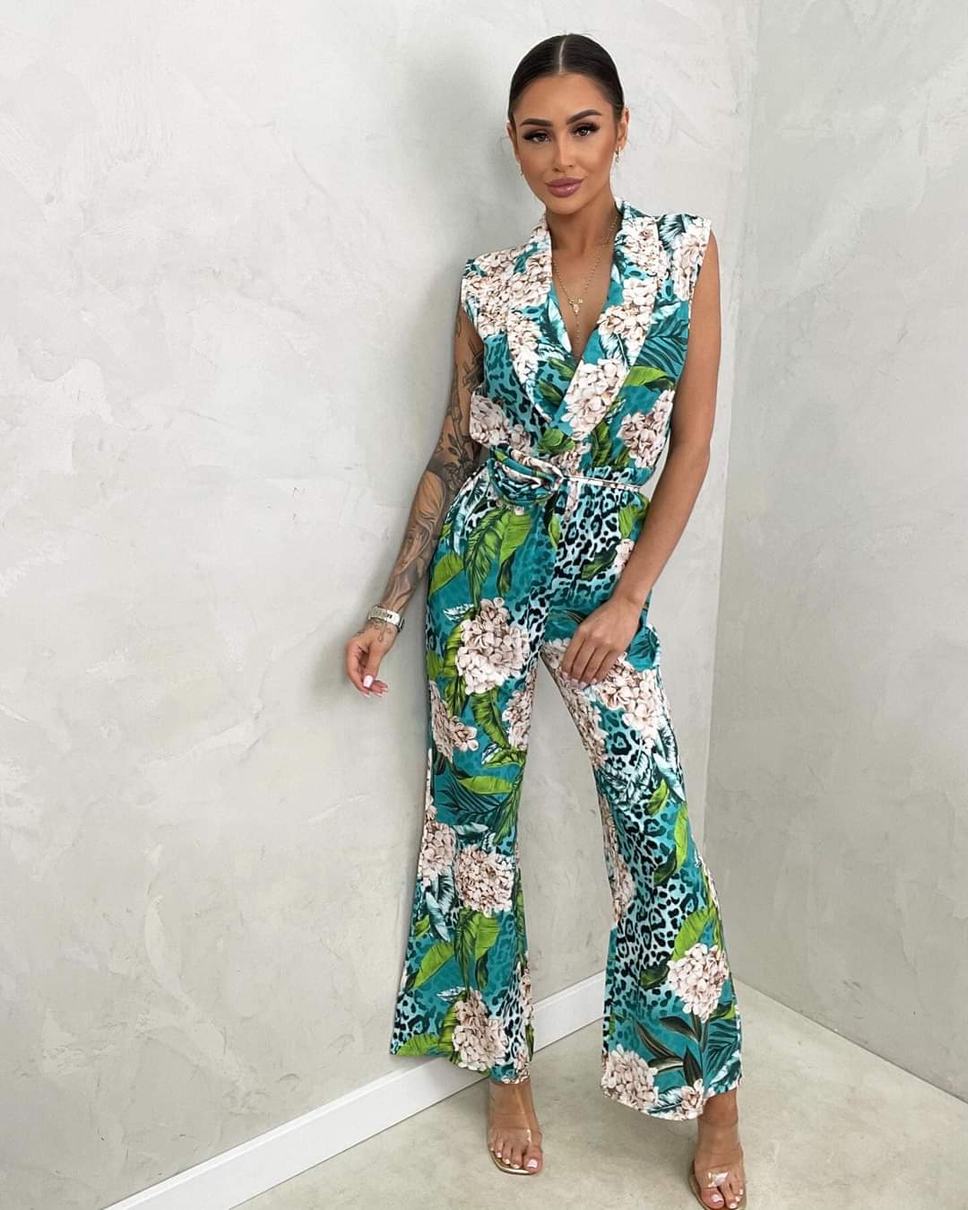 Beige Floral Wide Leg Jumpsuit One Size