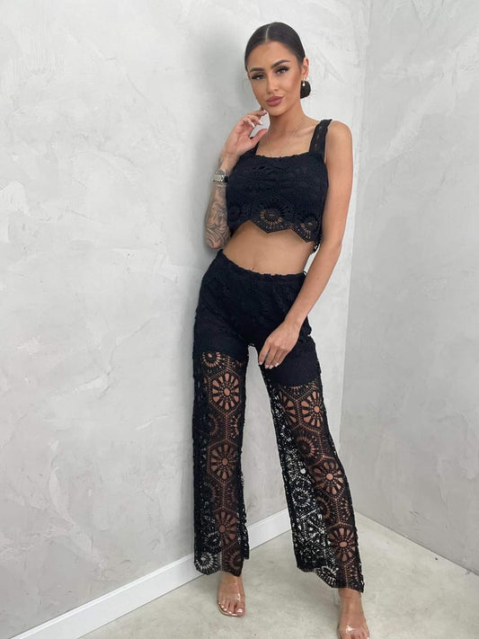 Black Crochet Coord Set Crop Top And Trousers