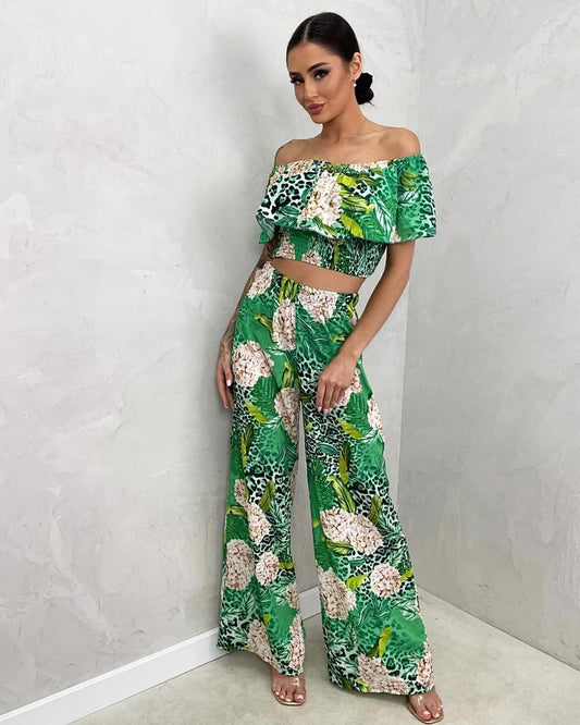 Green Floral Print Two Piece Co-ord Set