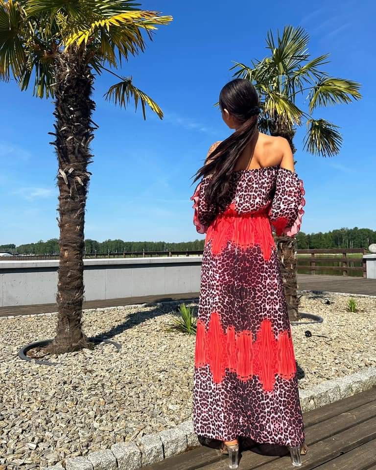 Red Leopard Print Maxi Off Shoulder Dress With Leg Split