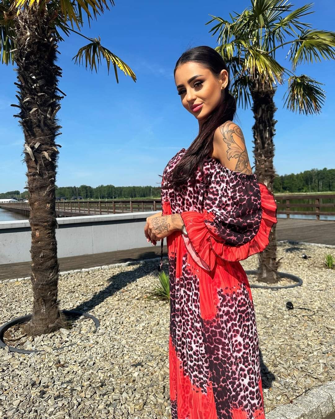 Red Leopard Print Maxi Off Shoulder Dress With Leg Split