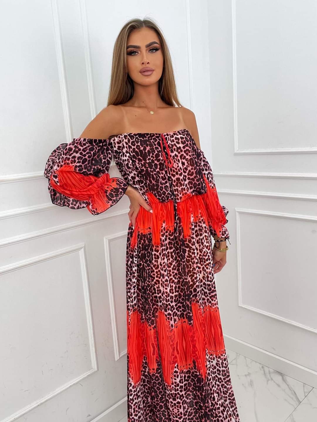 Red Leopard Print Maxi Off Shoulder Dress With Leg Split