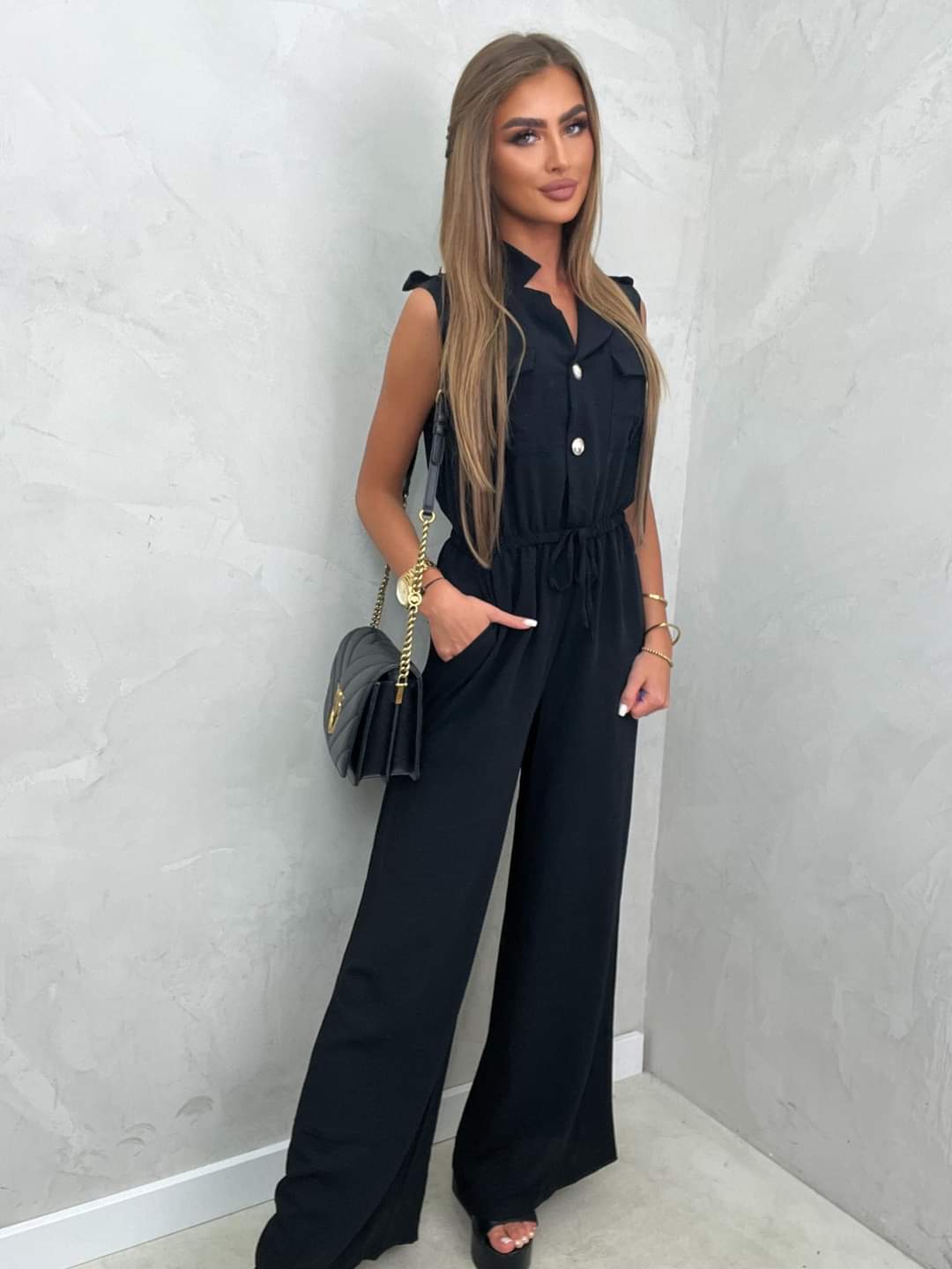 Black Sleeveless Wide Leg Jumpsuit One Size 8-14 UK