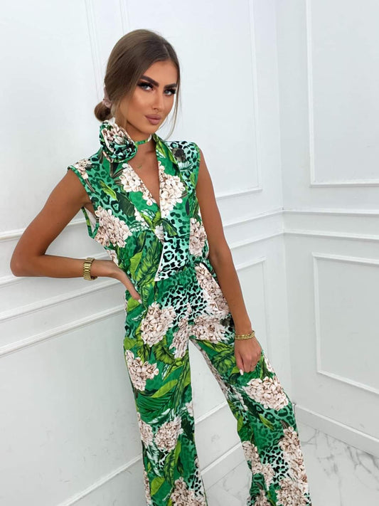 Green Floral Wide Leg Jumpsuit One Size