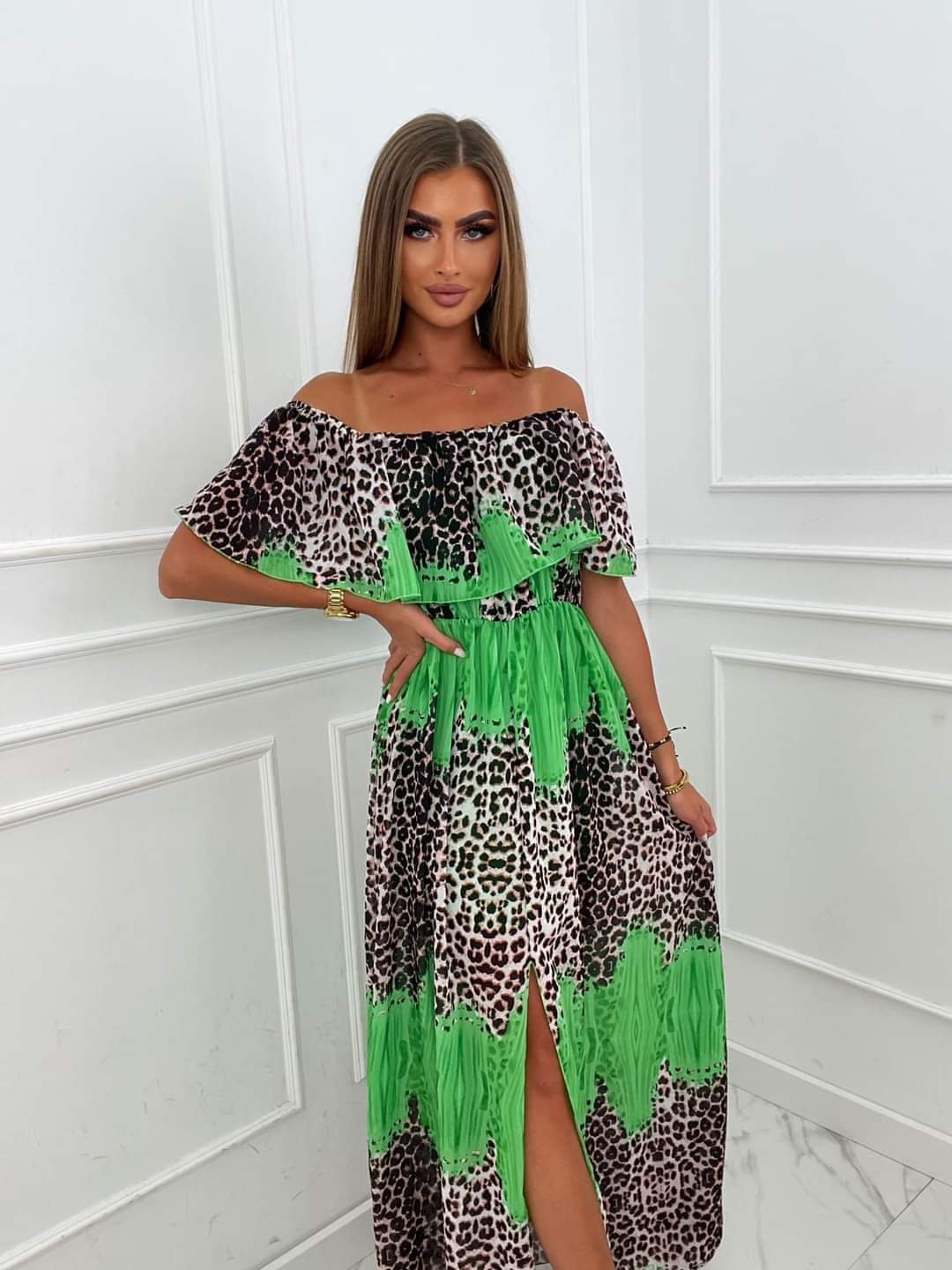 Green Leopard Print Maxi Off Shoulder Dress With Leg Split Stylenchic Green Leopard Print Maxi Off Shoulder Dress With Leg Split Stylenchic