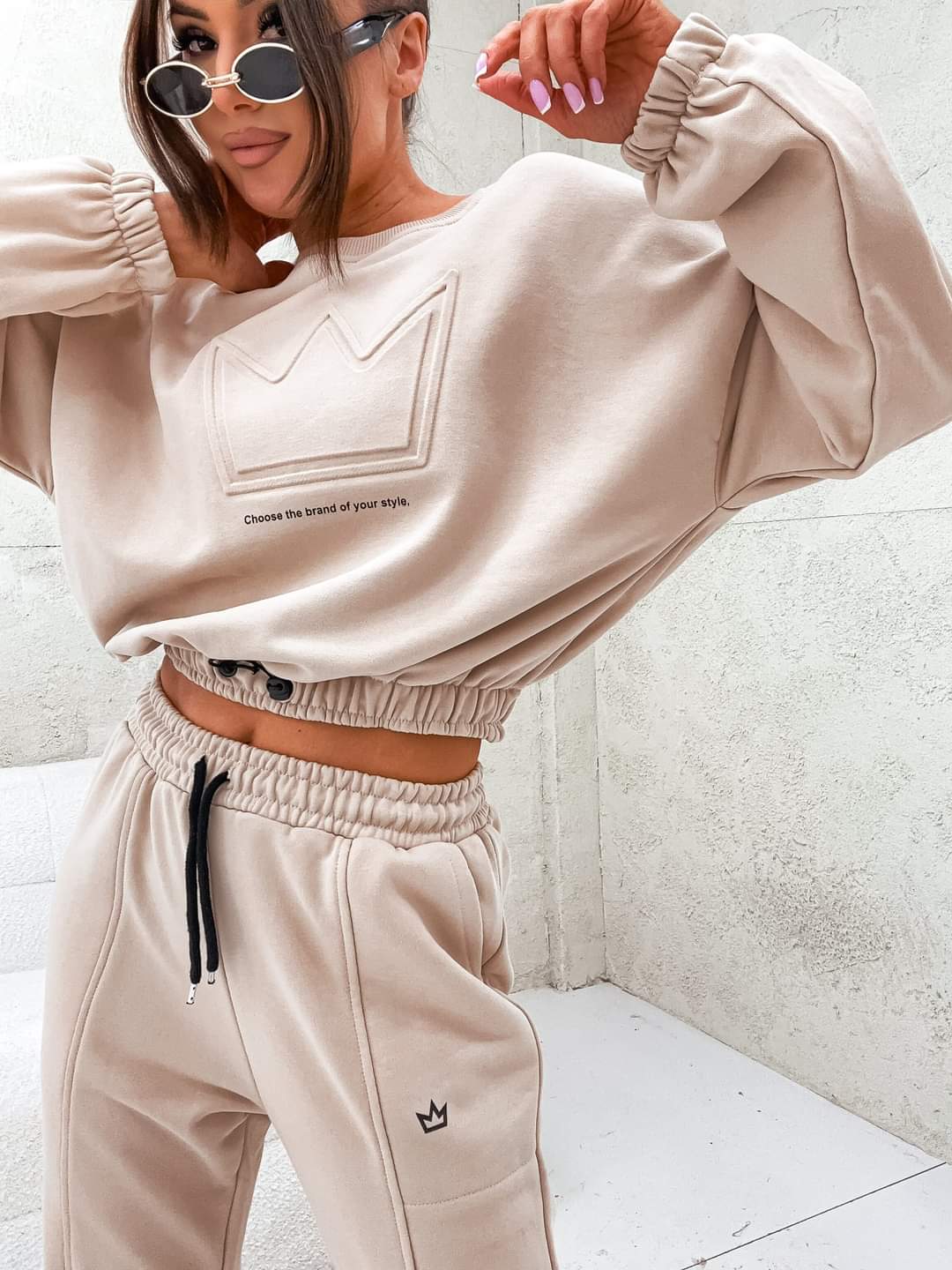 Beige Two Piece Tracksuit Crown Design