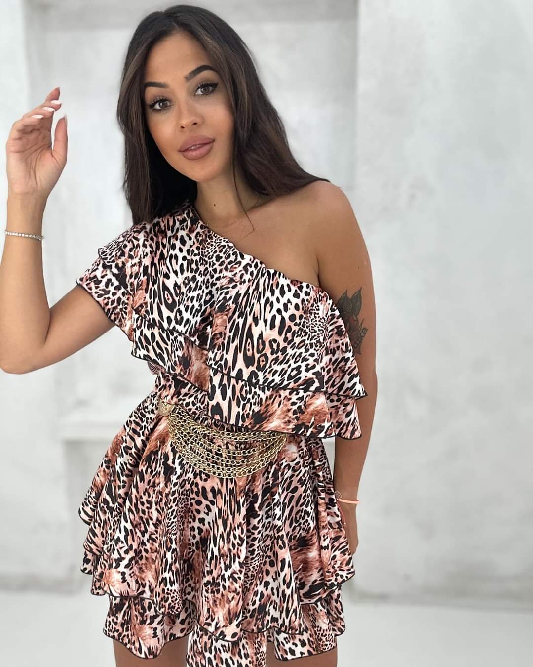 Leopard Print Off Shoulder Ruffle EXCELLENCE Satin Playsuit One Size