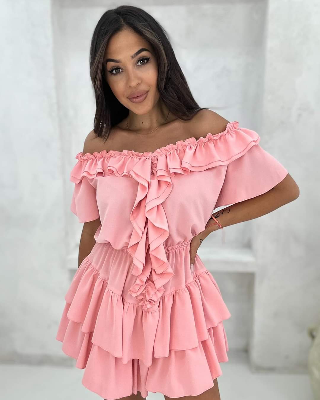 Pink Off Shoulder Ruffle EXCELLENCE Playsuit One Size