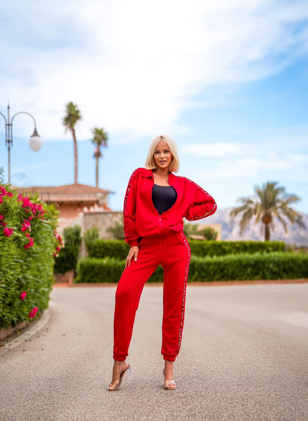 Red Two Piece Tracksuit Zip Up Sweatshirt And Joggers One Size