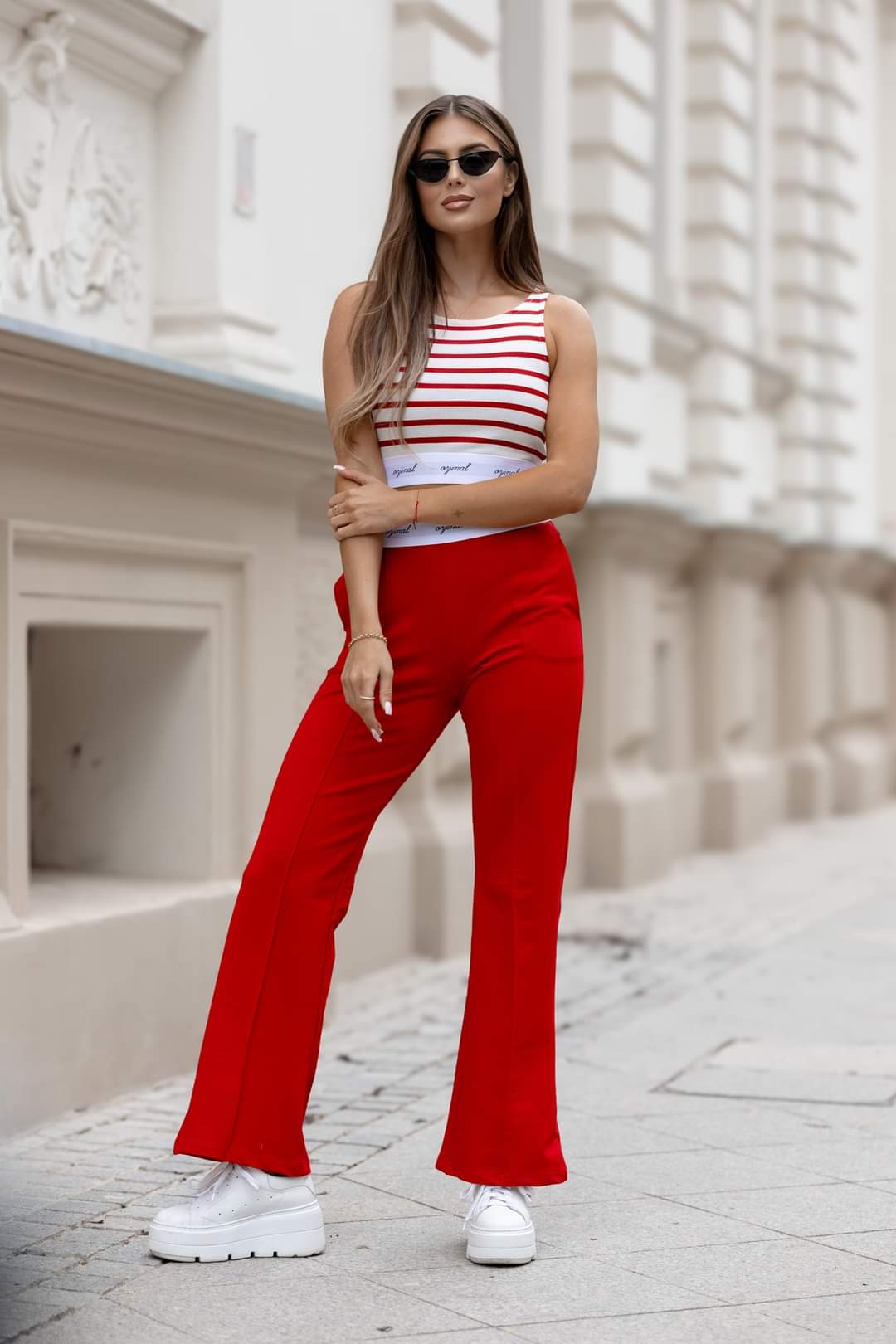 Red Two Piece Coord Set Vest Crop Top And Wide Leg Trousers