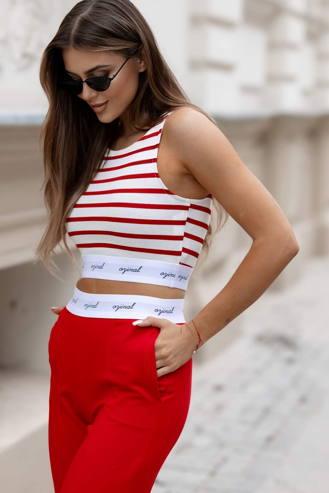 Red Two Piece Coord Set Vest Crop Top And Wide Leg Trousers