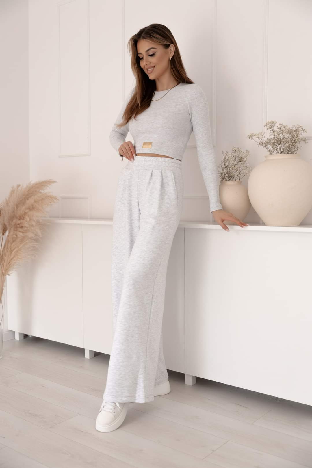 Two Piece Grey Set Long Sleeve Crop Top And Wide Leg Trousers