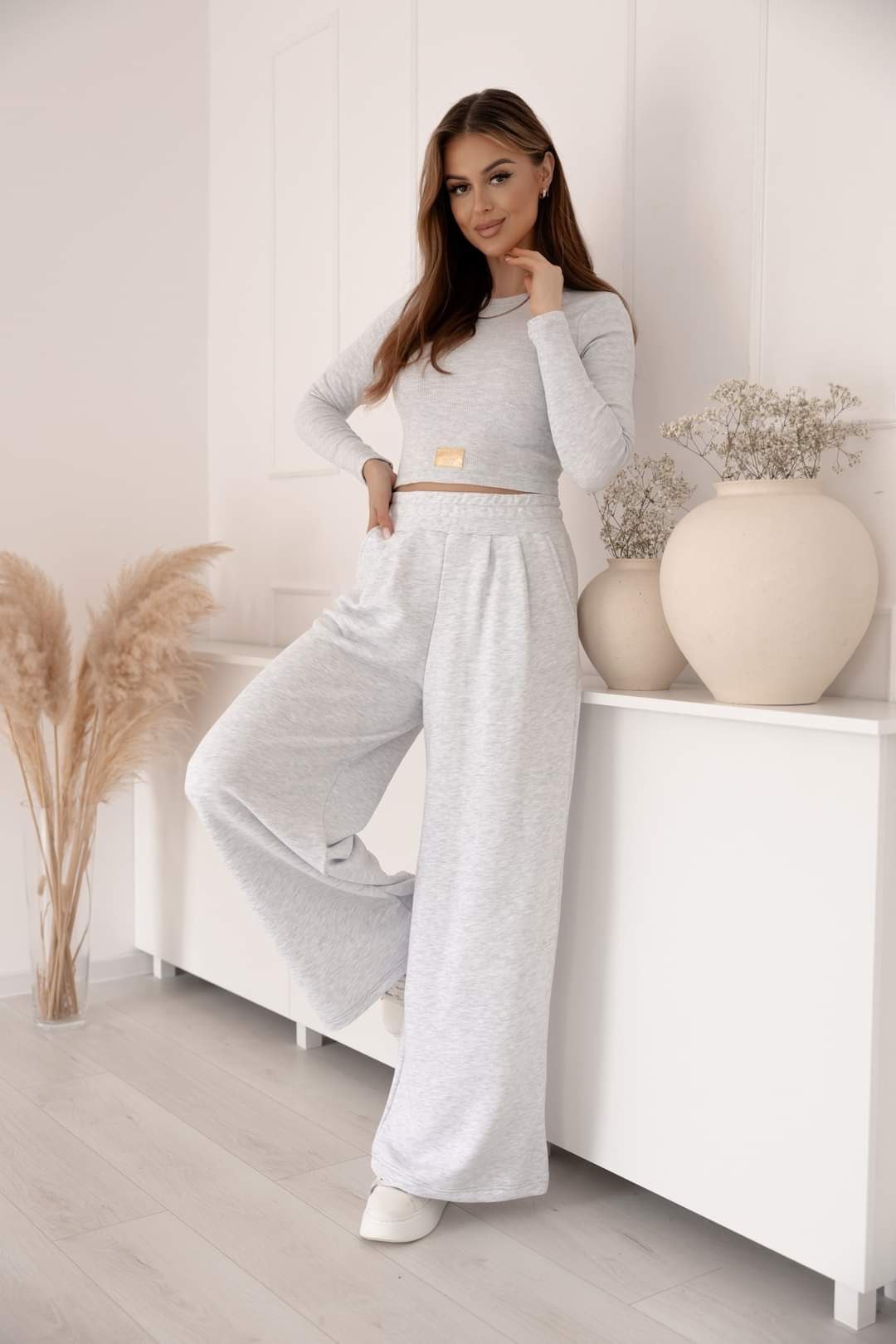 Two Piece Grey Set Long Sleeve Crop Top And Wide Leg Trousers