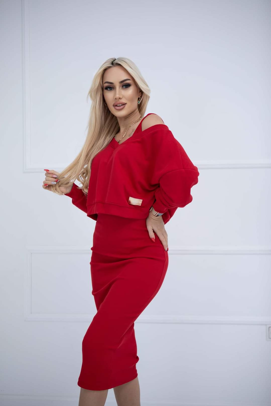 Red Two Piece Coord Set Midi Bodycon Dress And Sweatshirt One size