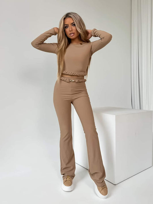 La Monne Camel Two Piece Ribbed Set Long Sleeve Crop Top And Flare Trousers