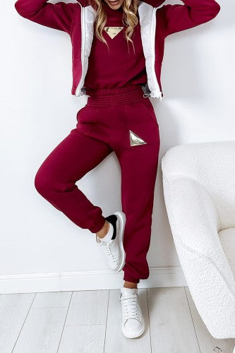 Burgundy Three Piece Tracksuit With Crop Gilet