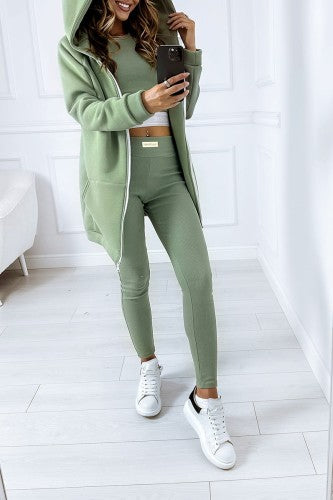 Olive Green Three Piece Set Long Zip Hoodie Crop Top And Leggings