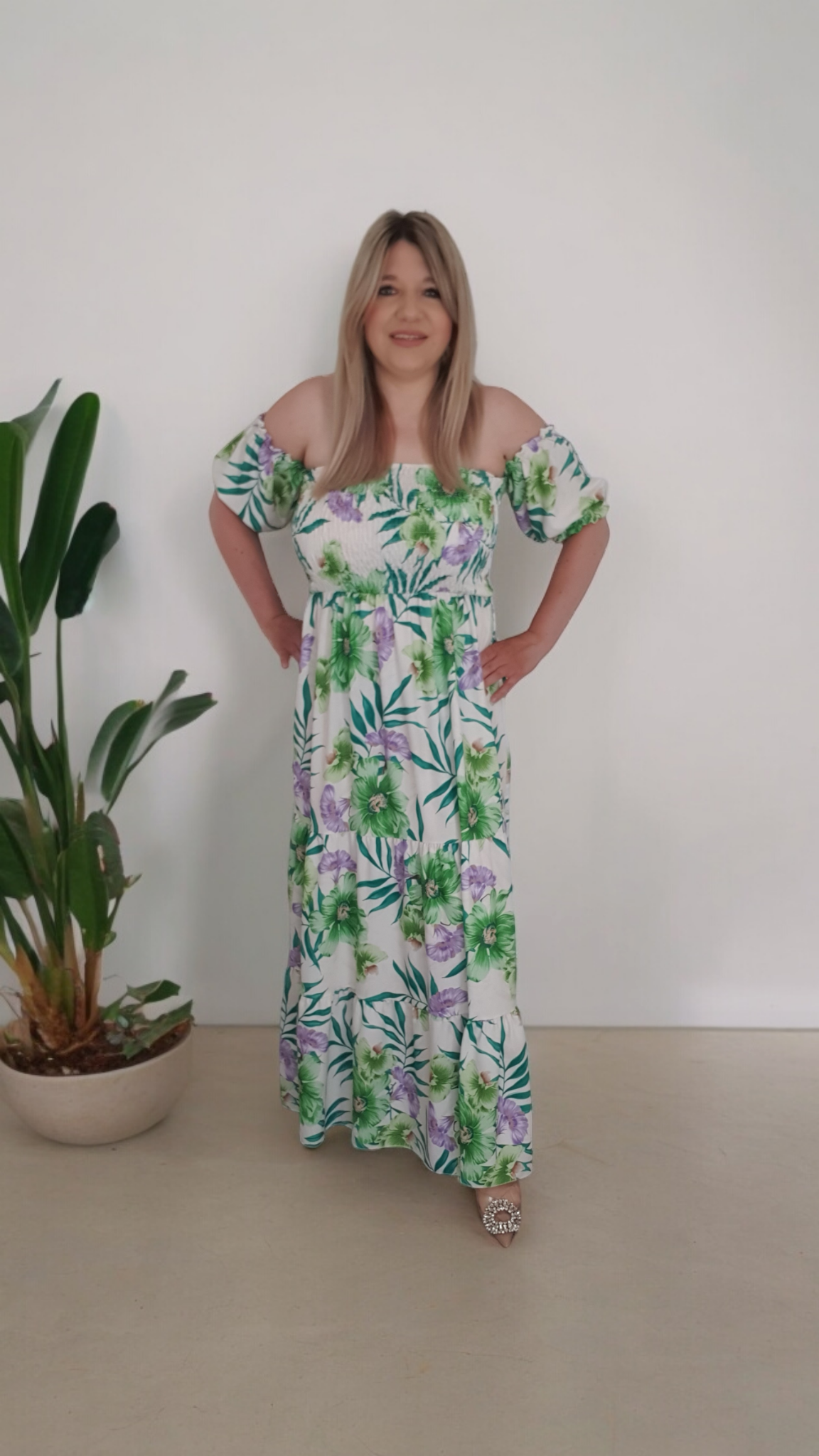 Green Floral Print A-line Off Shoulder Maxi Dress