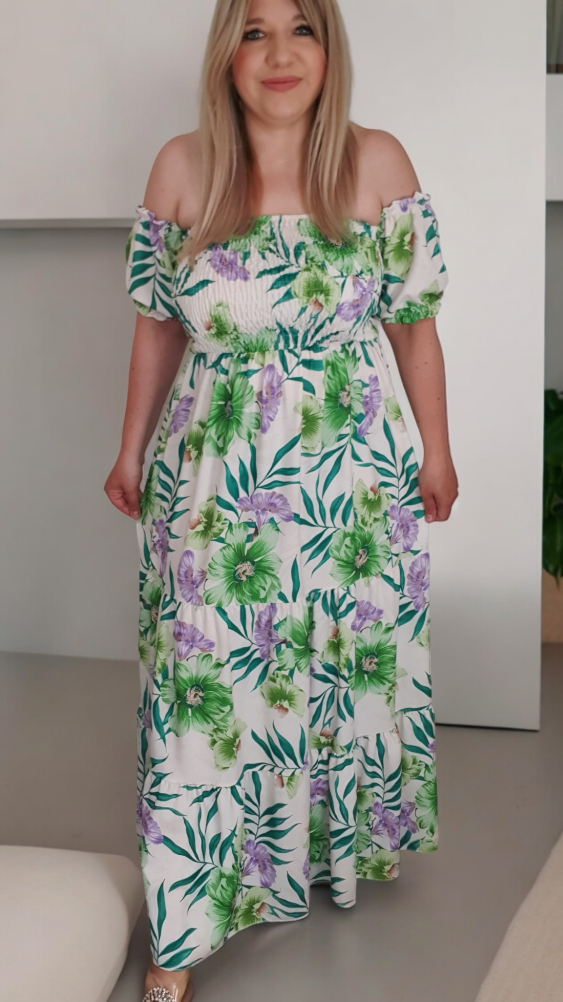 Green Floral Print A-line Off Shoulder Maxi Dress