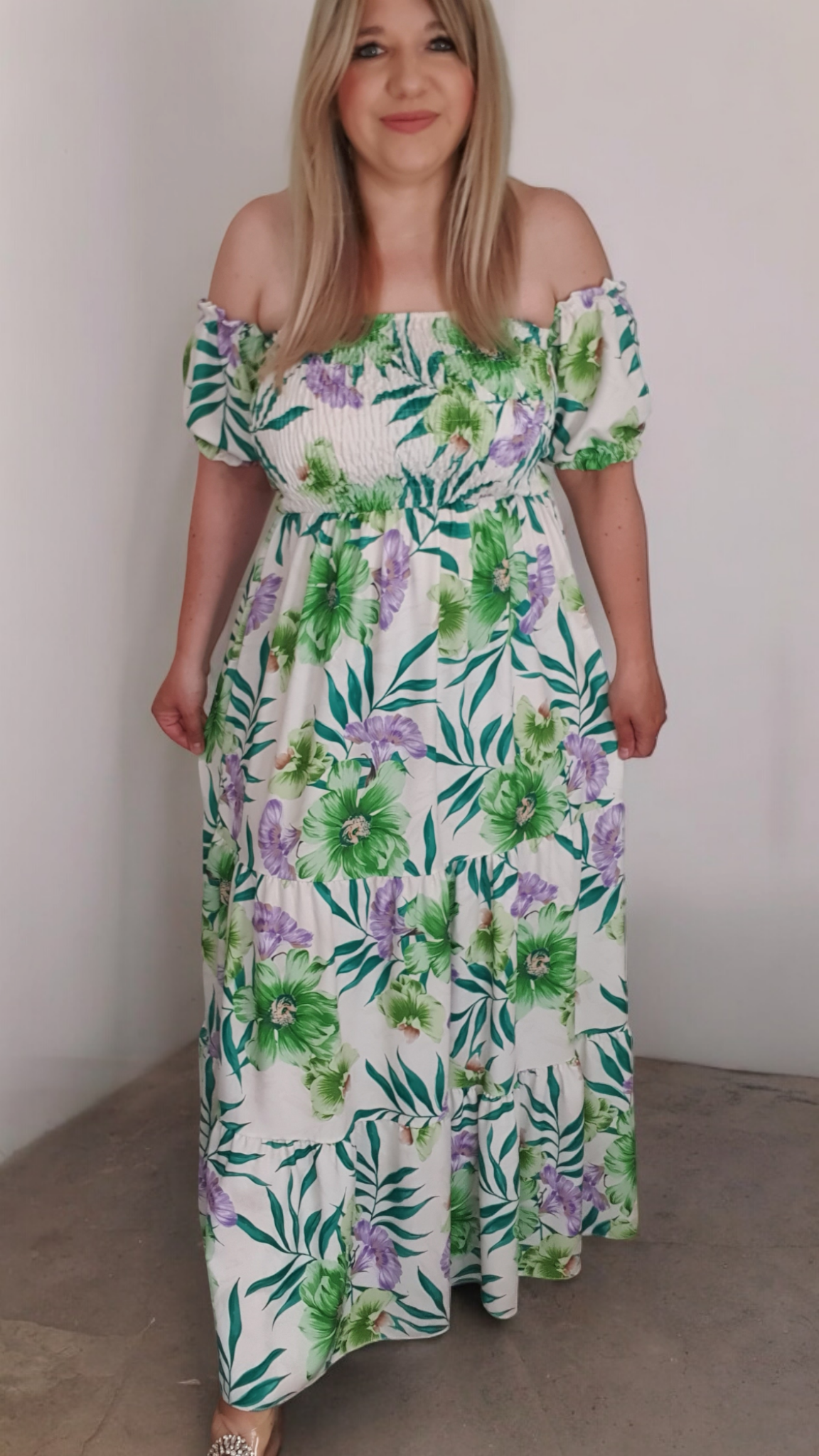 Green Floral Print A-line Off Shoulder Maxi Dress