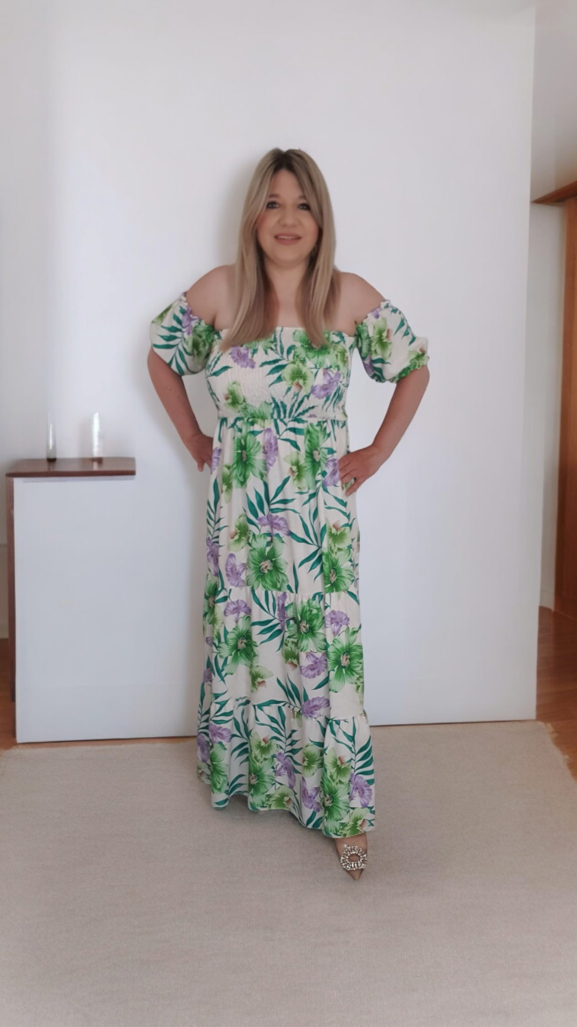 Green Floral Print A-line Off Shoulder Maxi Dress