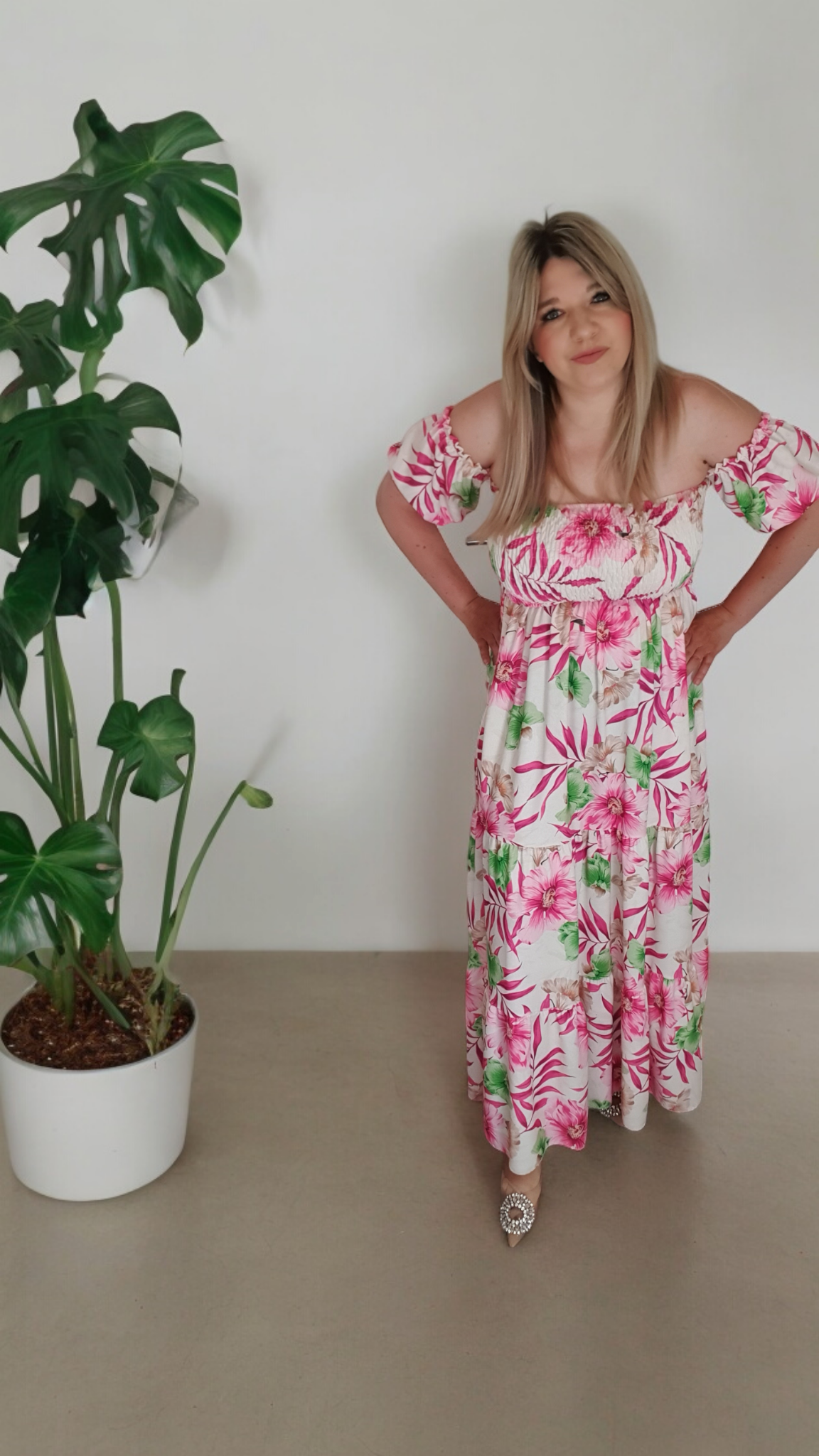 Pink Floral Print A-line Off Shoulder Maxi Dress