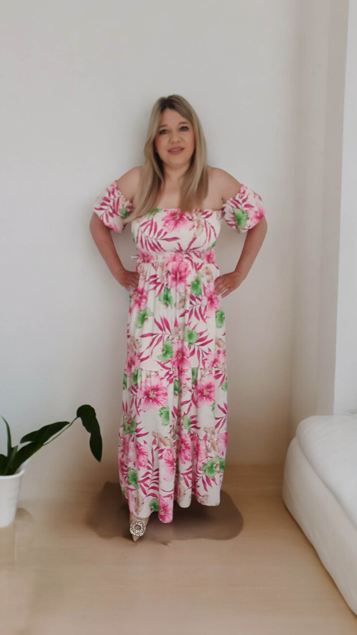 Pink Floral Print A-line Off Shoulder Maxi Dress