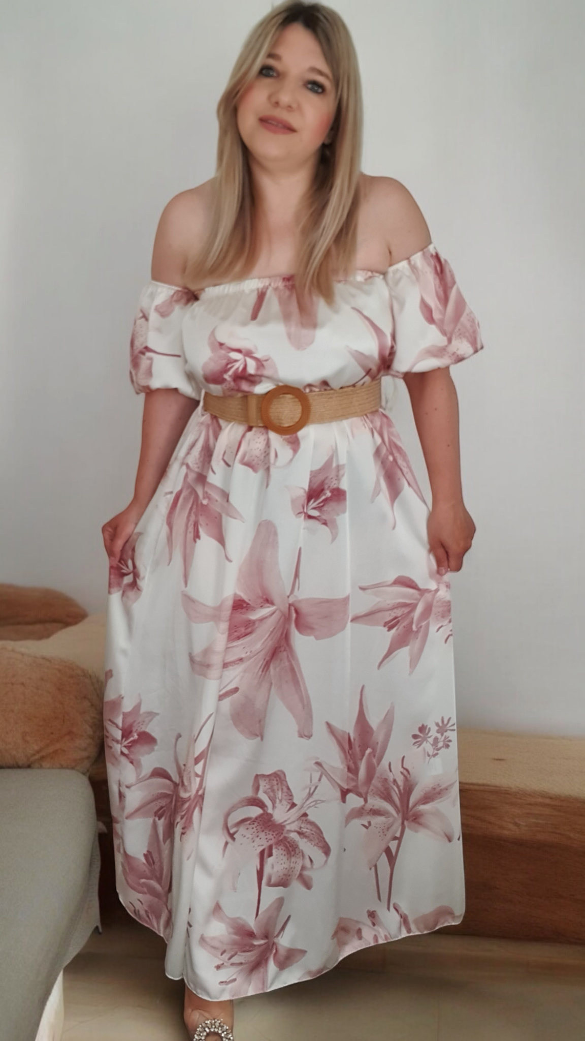 White Floral Print Satin A-line Off Shoulder Maxi Dress With Belt