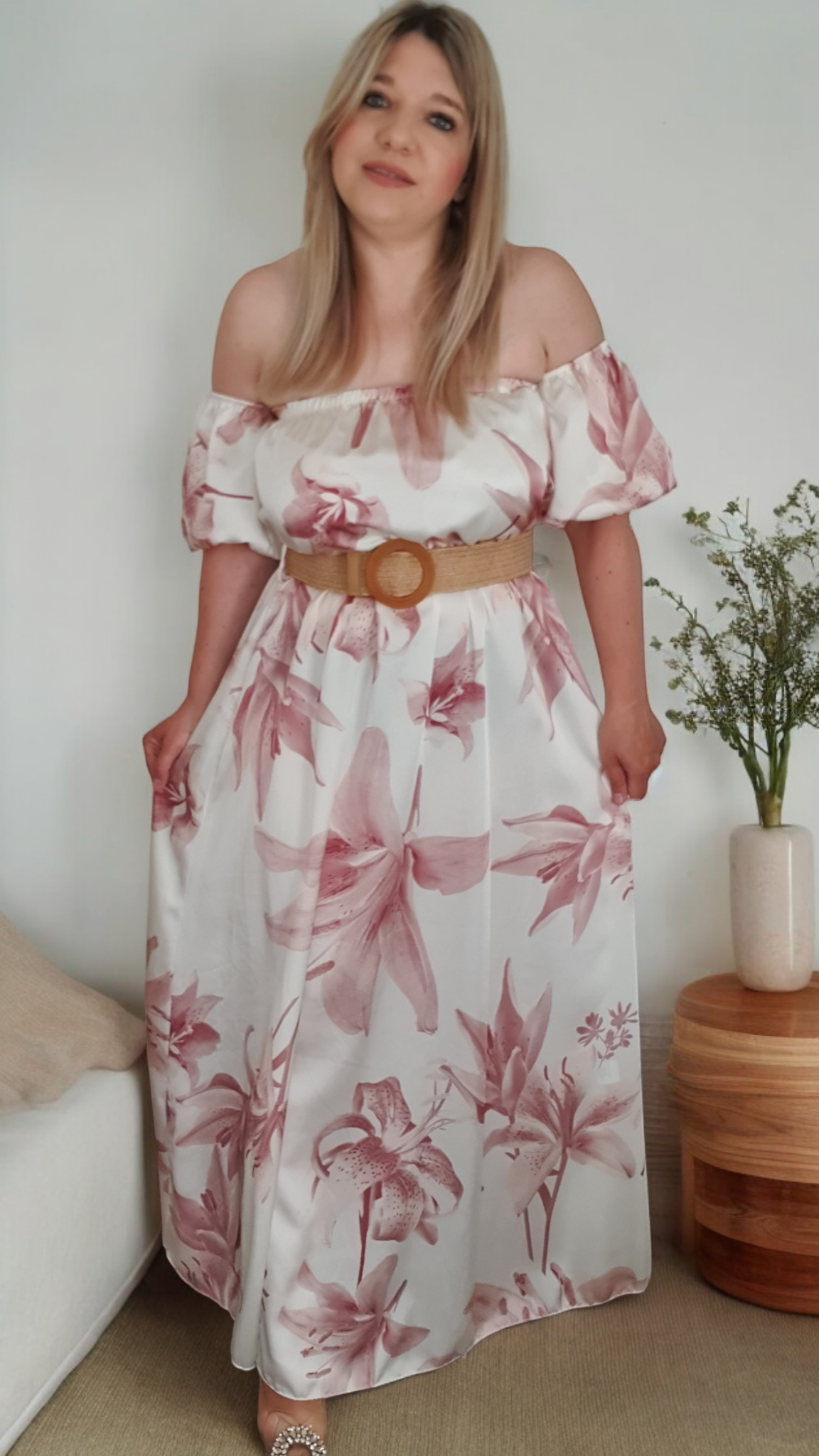 White Floral Print Satin A-line Off Shoulder Maxi Dress With Belt