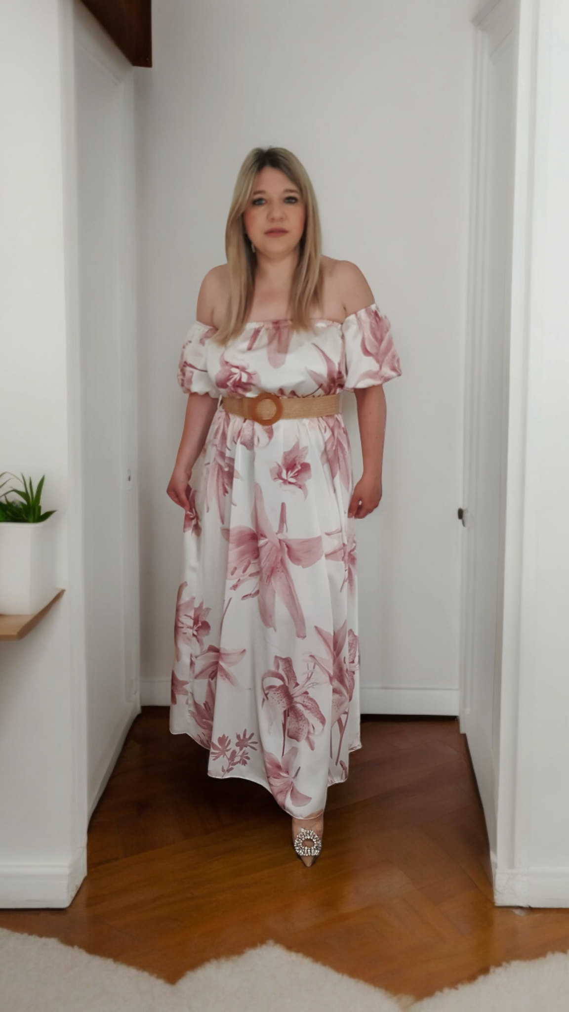 White Floral Print Satin A-line Off Shoulder Maxi Dress With Belt