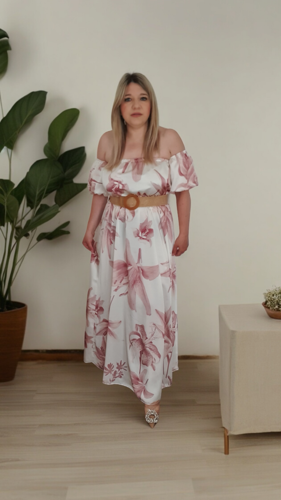 White Floral Print Satin A-line Off Shoulder Maxi Dress With Belt