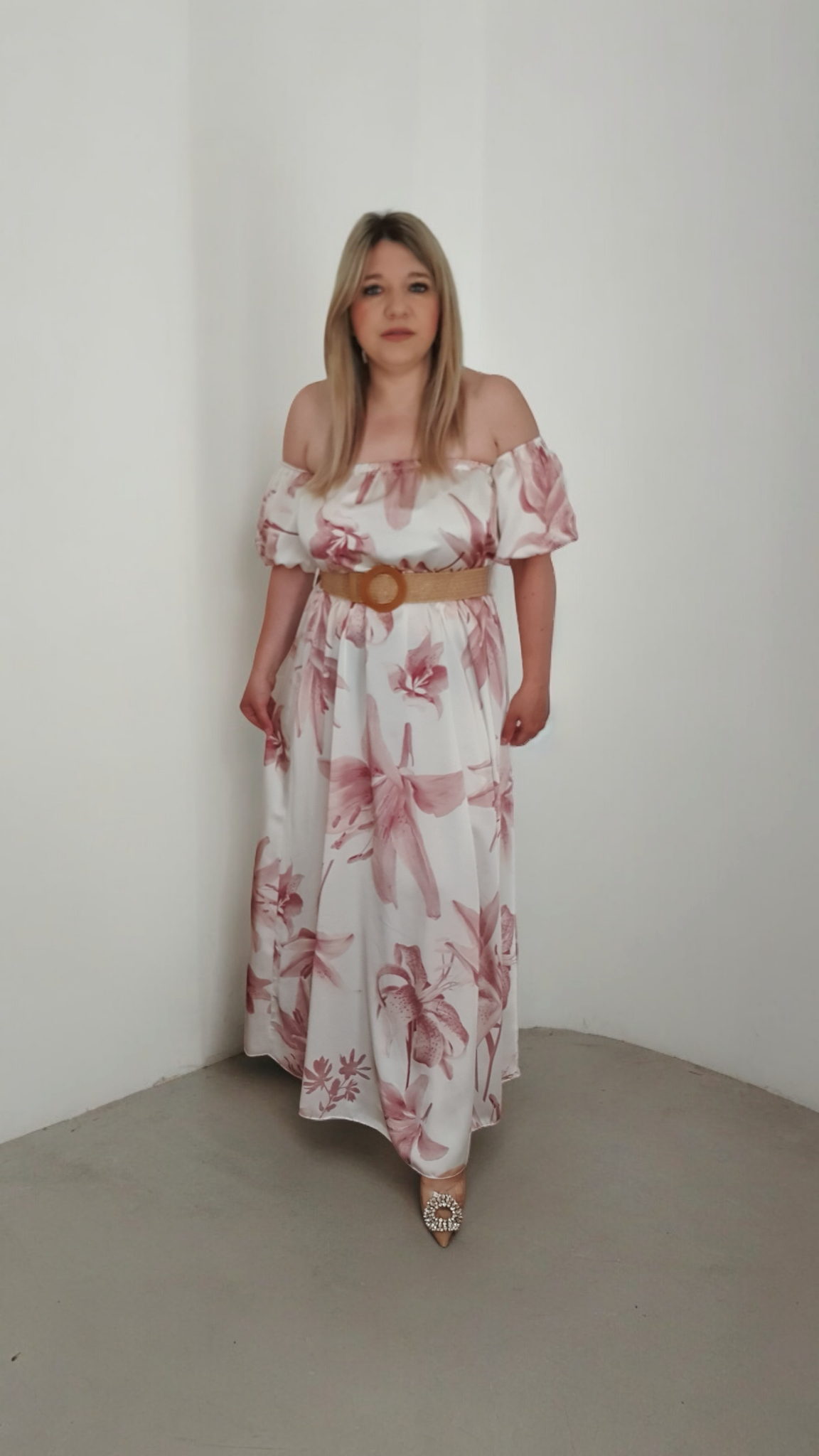 White Floral Print Satin A-line Off Shoulder Maxi Dress With Belt