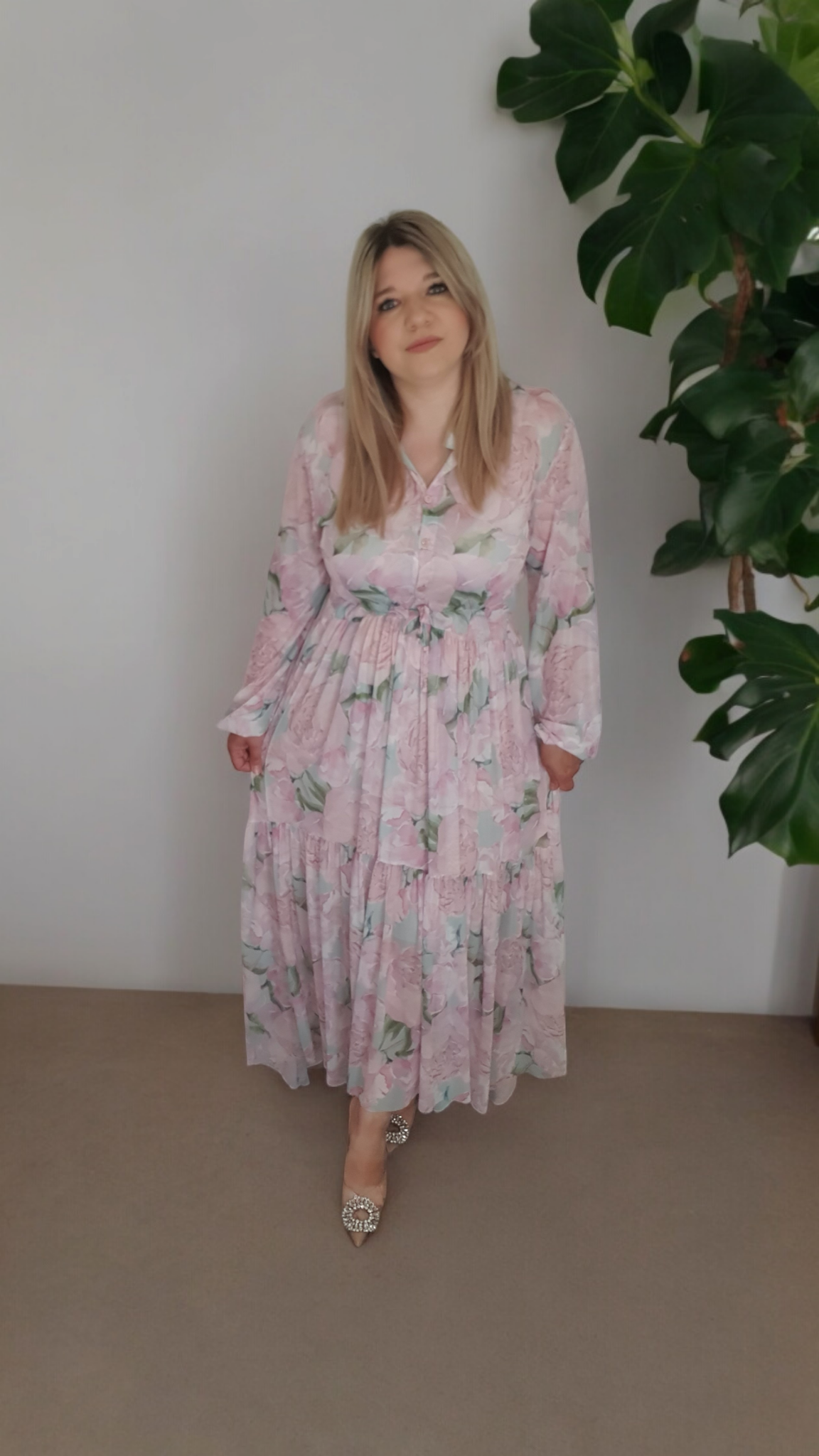 Light Pink Floral Print A-line Maxi Dress