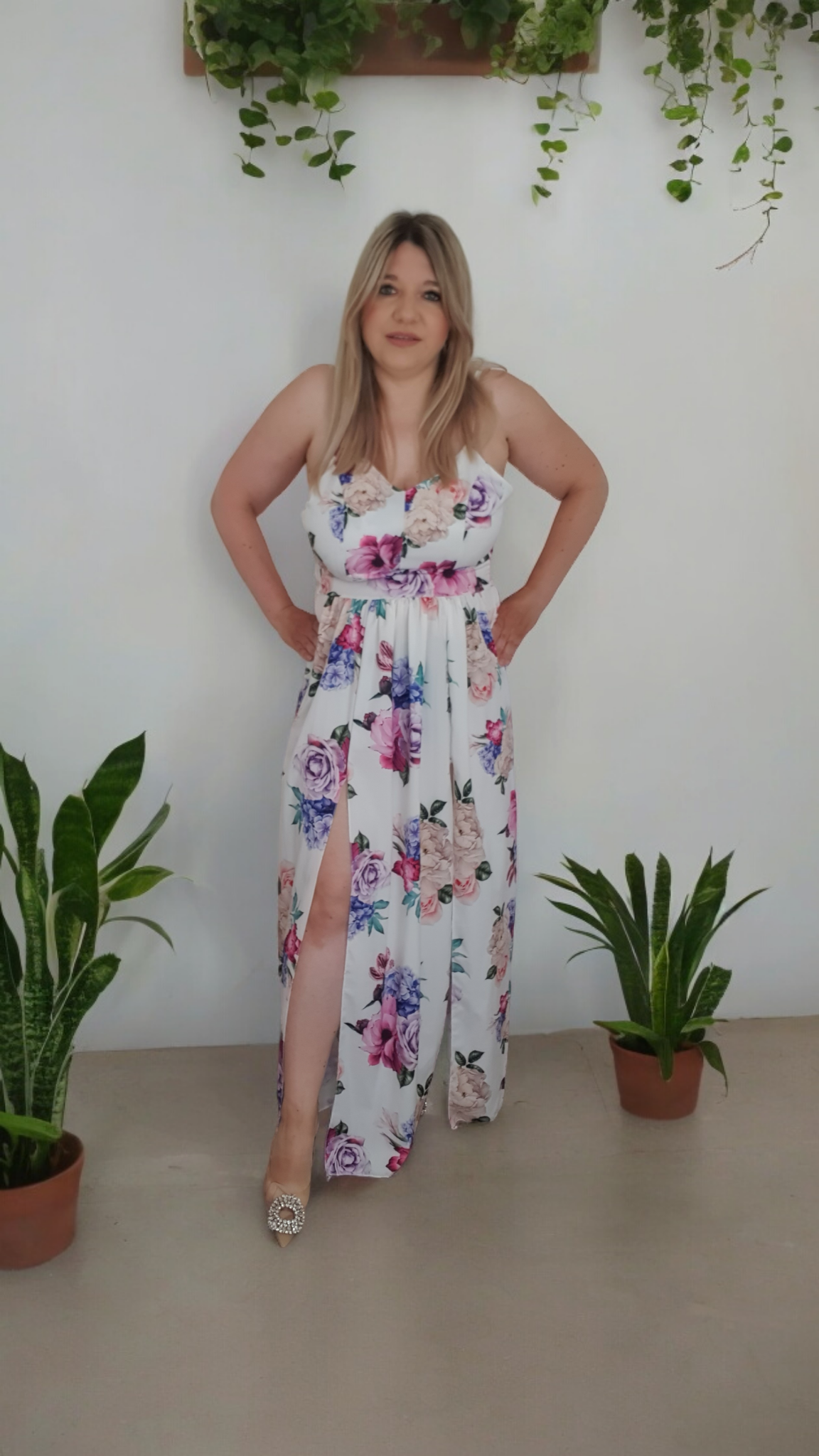 White Floral Print A-line Cami Maxi Dress With Leg Splits