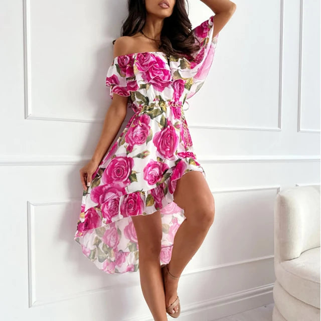 Off Shoulder Summer Flare Short Dress In Floral Print Stylenchic