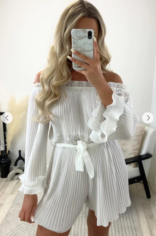 White Pleated Bardot Frill Hem Playsuit