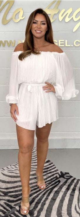 White Pleated Bardot Frill Hem Playsuit