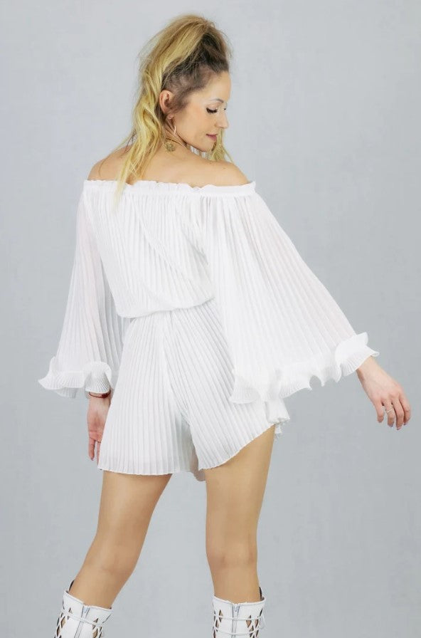 White Pleated Bardot Frill Hem Playsuit