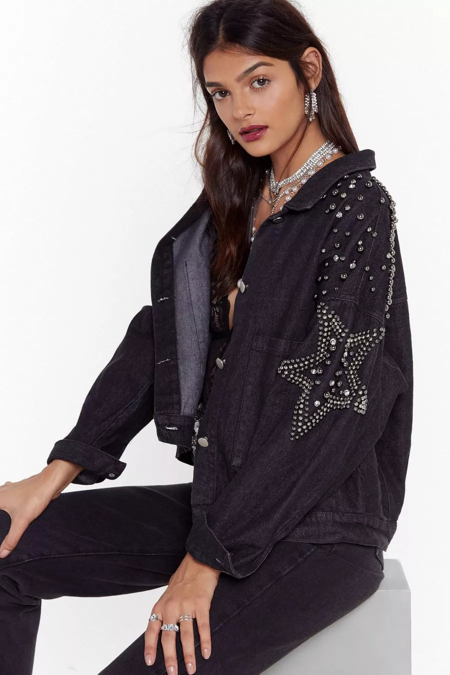 Black Denim Oversized Star Shirt Jacket