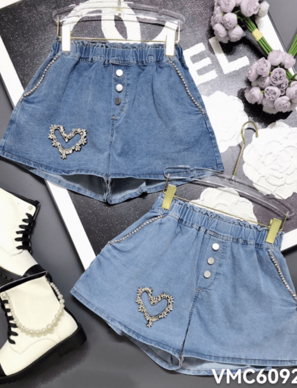 Blue Denim Paperbag Shorts On Elastic Band Embellished With Silver Rhinestone Heart