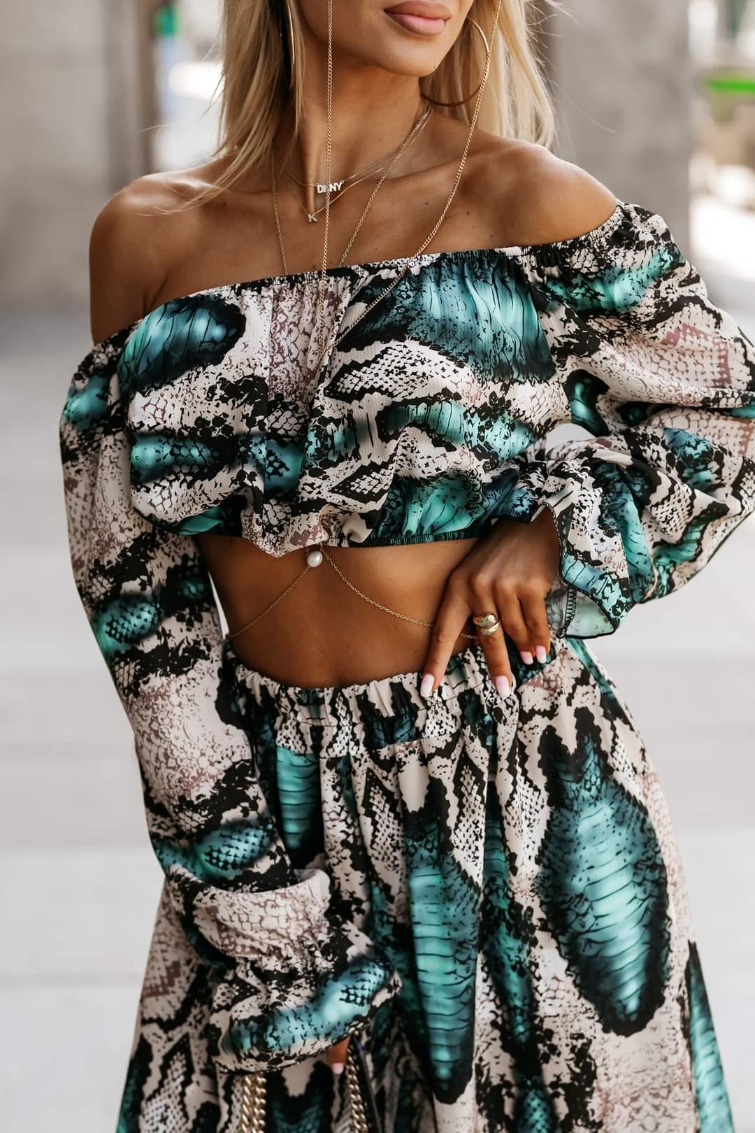 Snake Print Two Piece Coord Set Long Sleeve Crop Top And Long Trousers