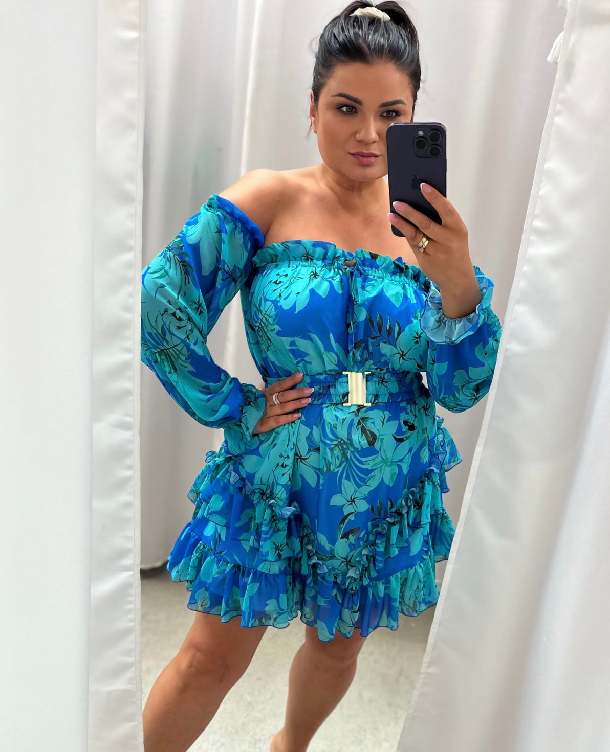 Blue Floral Print Off Shoulder Ruffle EXCELLENCE Mini Dress One Size