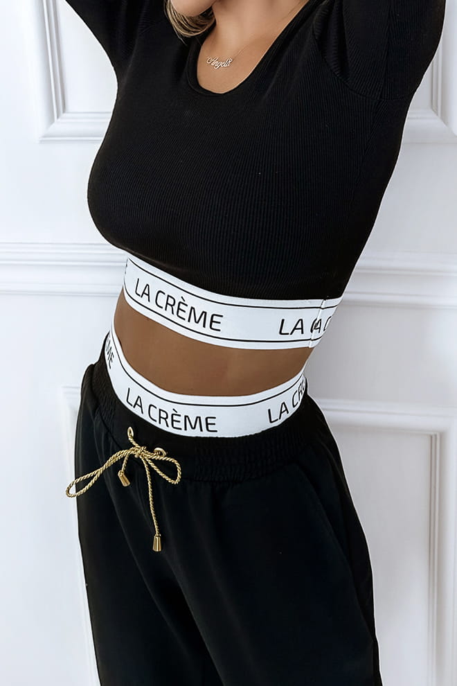 Two Piece Black La Creme Set Long Sleeve Crop Top And Wide Leg Trousers