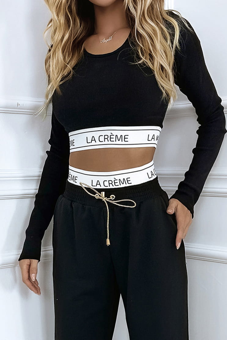 Two Piece Black La Creme Set Long Sleeve Crop Top And Wide Leg Trousers