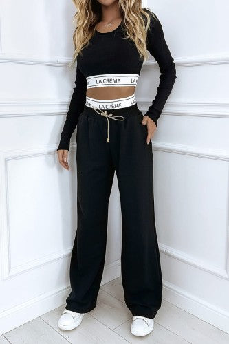 Two Piece Black La Creme Set Long Sleeve Crop Top And Wide Leg Trousers