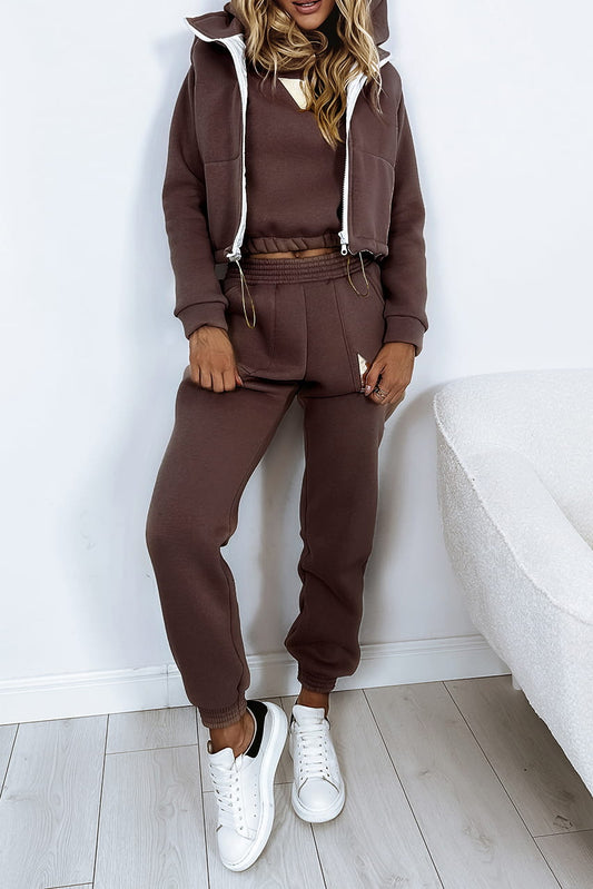 Chocol Three Piece Tracksuit With Crop Gilet