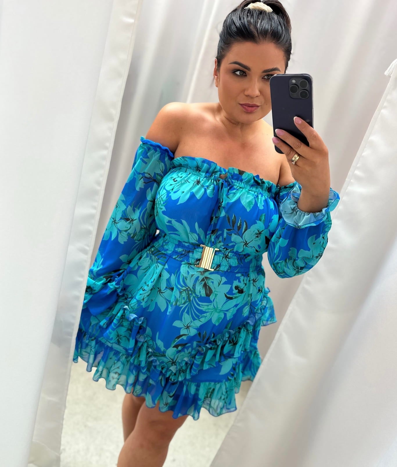 Blue Floral Print Off Shoulder Ruffle EXCELLENCE Mini Dress One Size