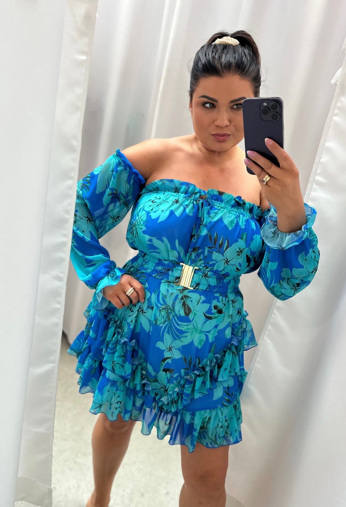 Blue Floral Print Off Shoulder Ruffle EXCELLENCE Mini Dress One Size